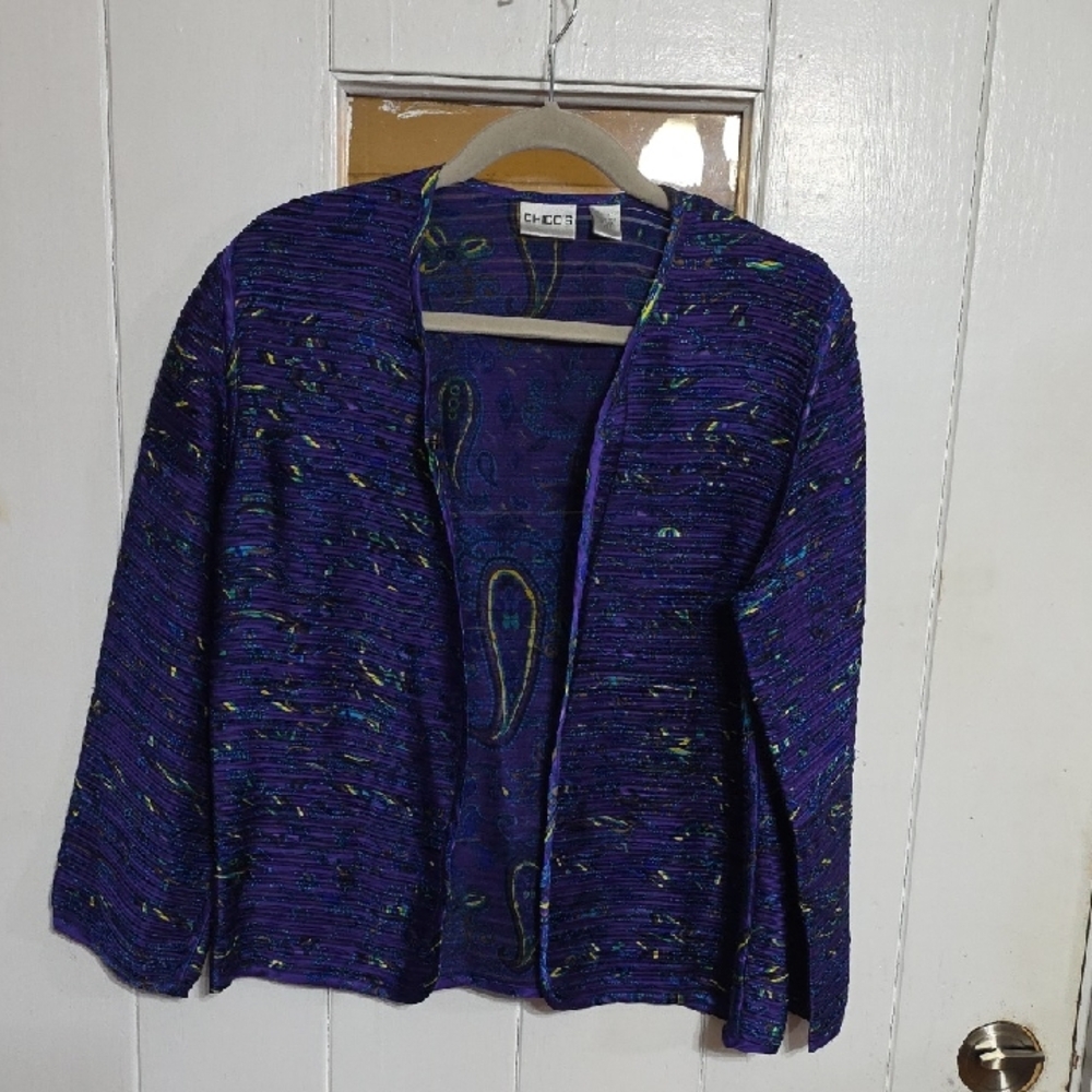 Chico's Women's 100%Silk Open Front Blazer Purple Paisley Pleats Sz 0/4 EUC